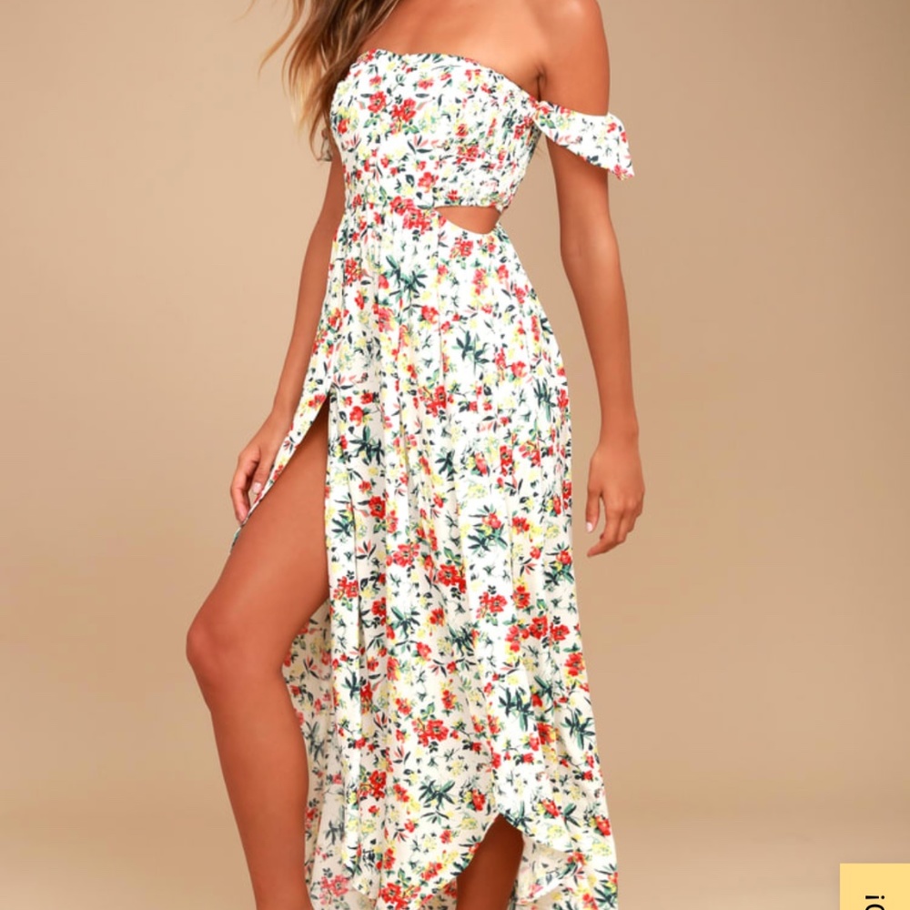 Easy on the Eyes Cream Floral Print Off-the-Shoulder Maxi Dress